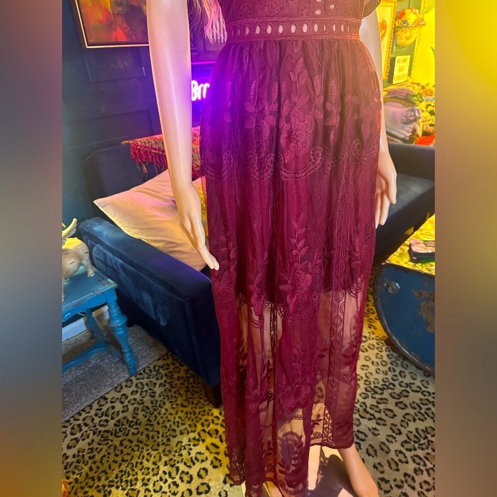 Maroon Boho Lace Sheer Dress Sz S - NEW - Picture 3 of 8